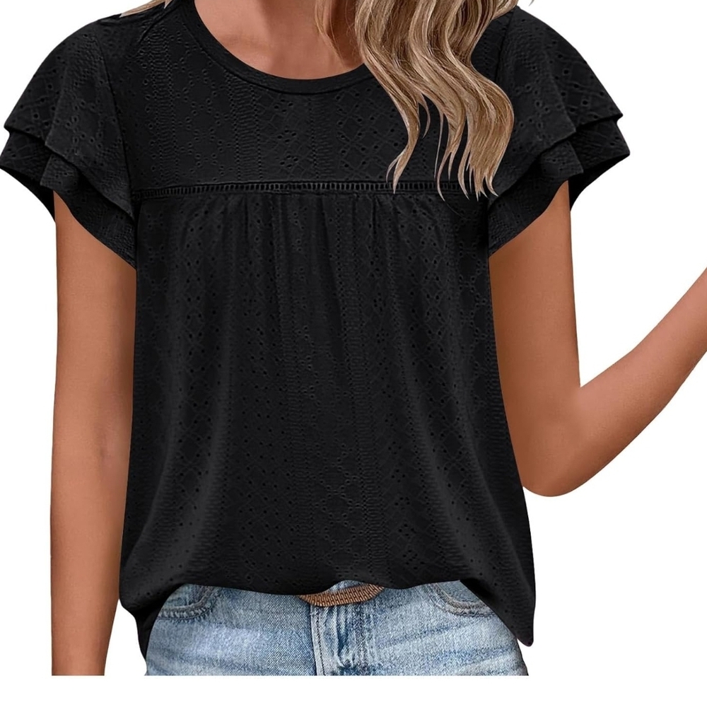 Women's Black Eyelet Ruffle Sleeve Blouse